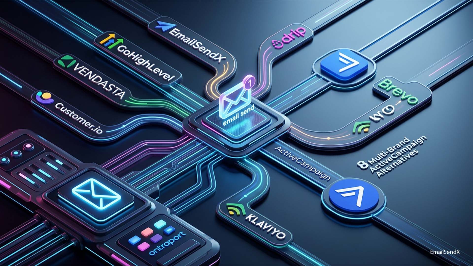 A 3D render of various email marketing platform logos connected by glowing digital lines, forming a network around a central 'email send' icon | EmailSendX