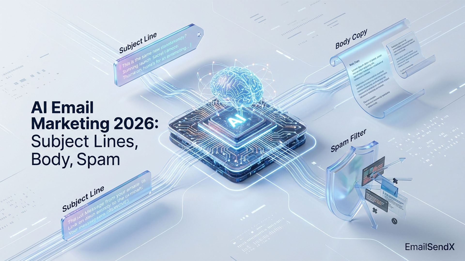 A futuristic diagram depicting a central AI brain chip connected by glowing lines to email marketing components like subject lines, body copy, and a spam filter shield | EmailSendX