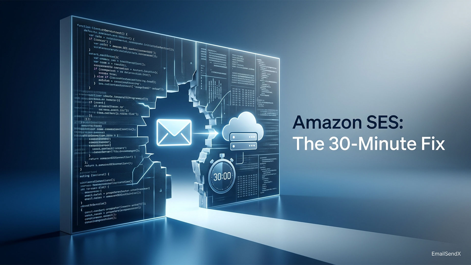 A digital image featuring glowing blue code on the left, an abstract hole revealing a cloud server icon, an envelope icon, and a 30:00 timer on the right, all against a dark background with the text 'Amazon SES: The 30-Minute Fix' | EmailSendX