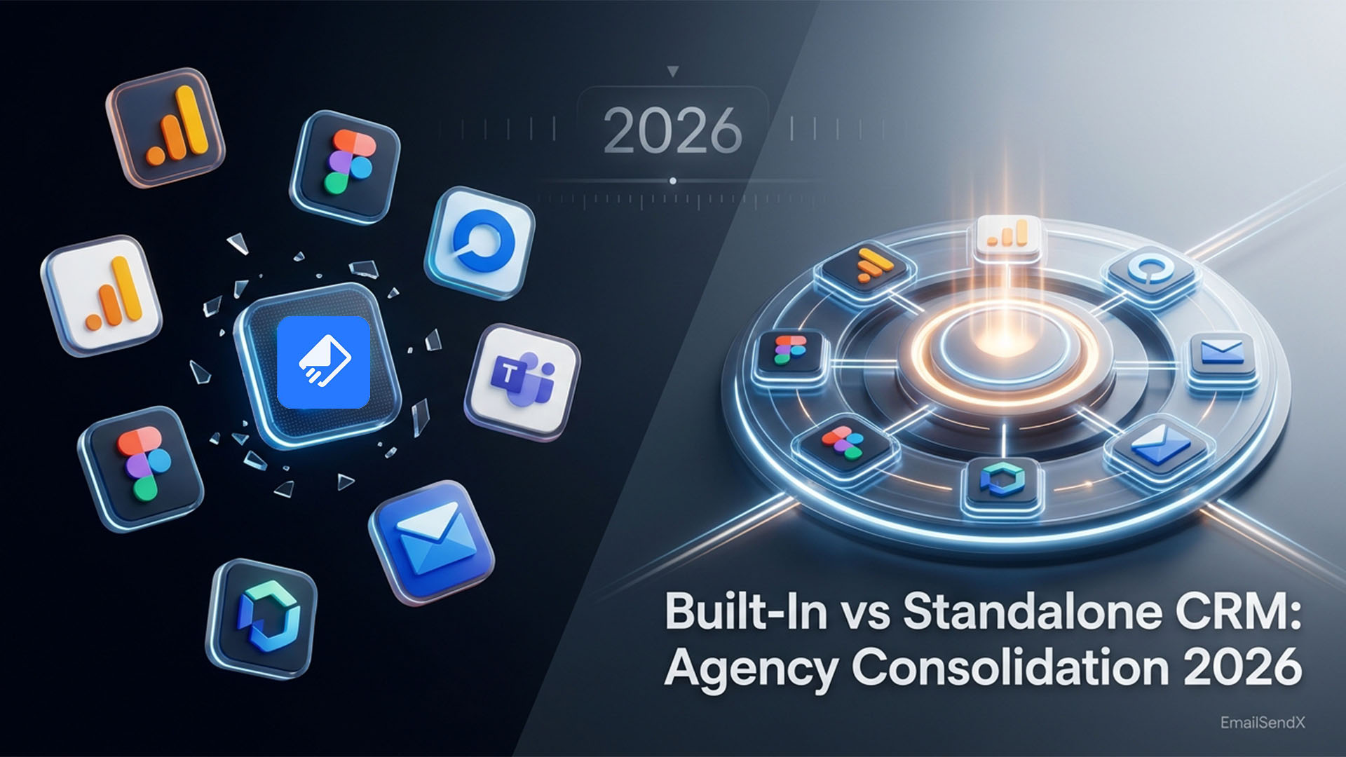 A visual representation comparing standalone application icons on the left with a consolidated circular hub of integrated application icons on the right, all set against a dark, futuristic background with '2026' prominent at the top | EmailSendX