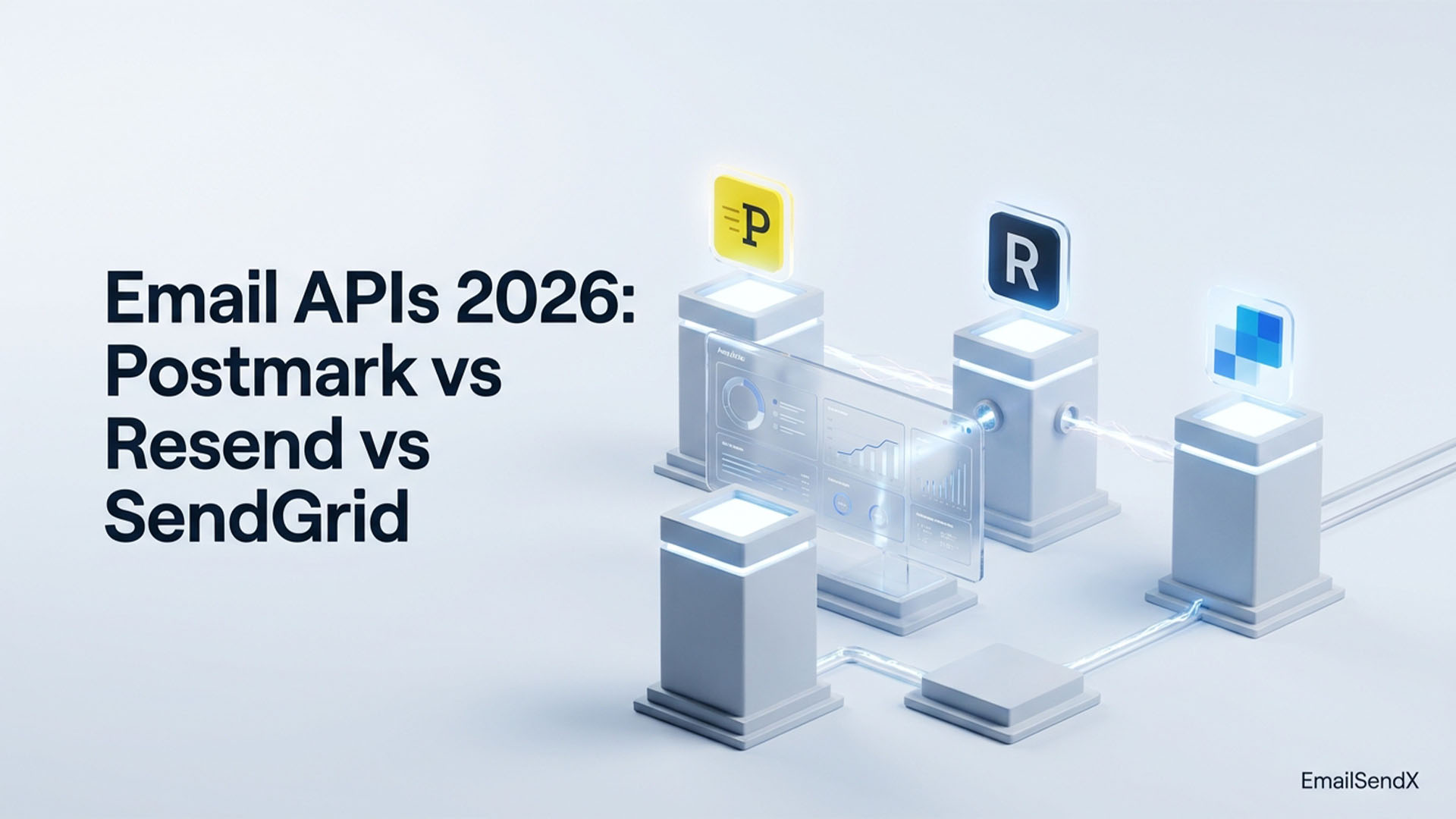 A white and grey futuristic diagram illustrating data flow between three square pillars representing Postmark, Resend, and SendGrid email APIs, with glowing icons and a transparent data screen | EmailSendX