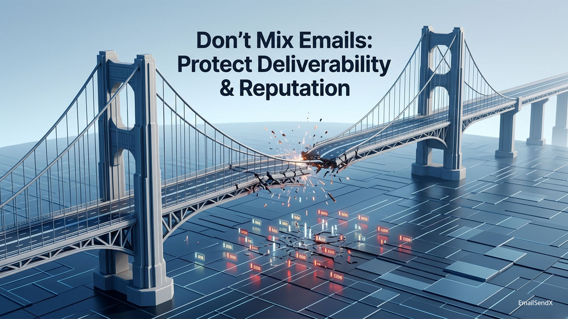 A broken suspension bridge with a section of the road collapsed, showing sparks and debris, connecting two landmasses made of circuit boards. Text overlay: 'Don't Mix Emails: Protect Deliverability & Reputation' | EmailSendX
