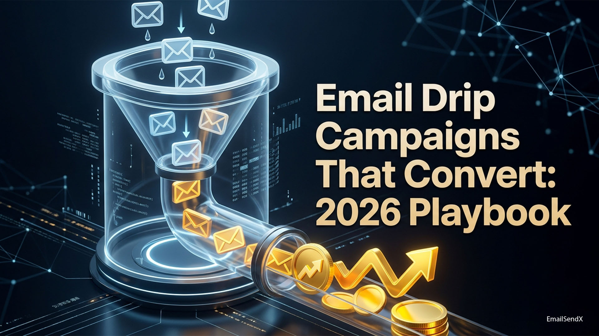 Conceptual image showing a funnel filling a tube with email icons, which transform into gold coins and an upward arrow, against a dark, tech-inspired background with network lines | EmailSendX