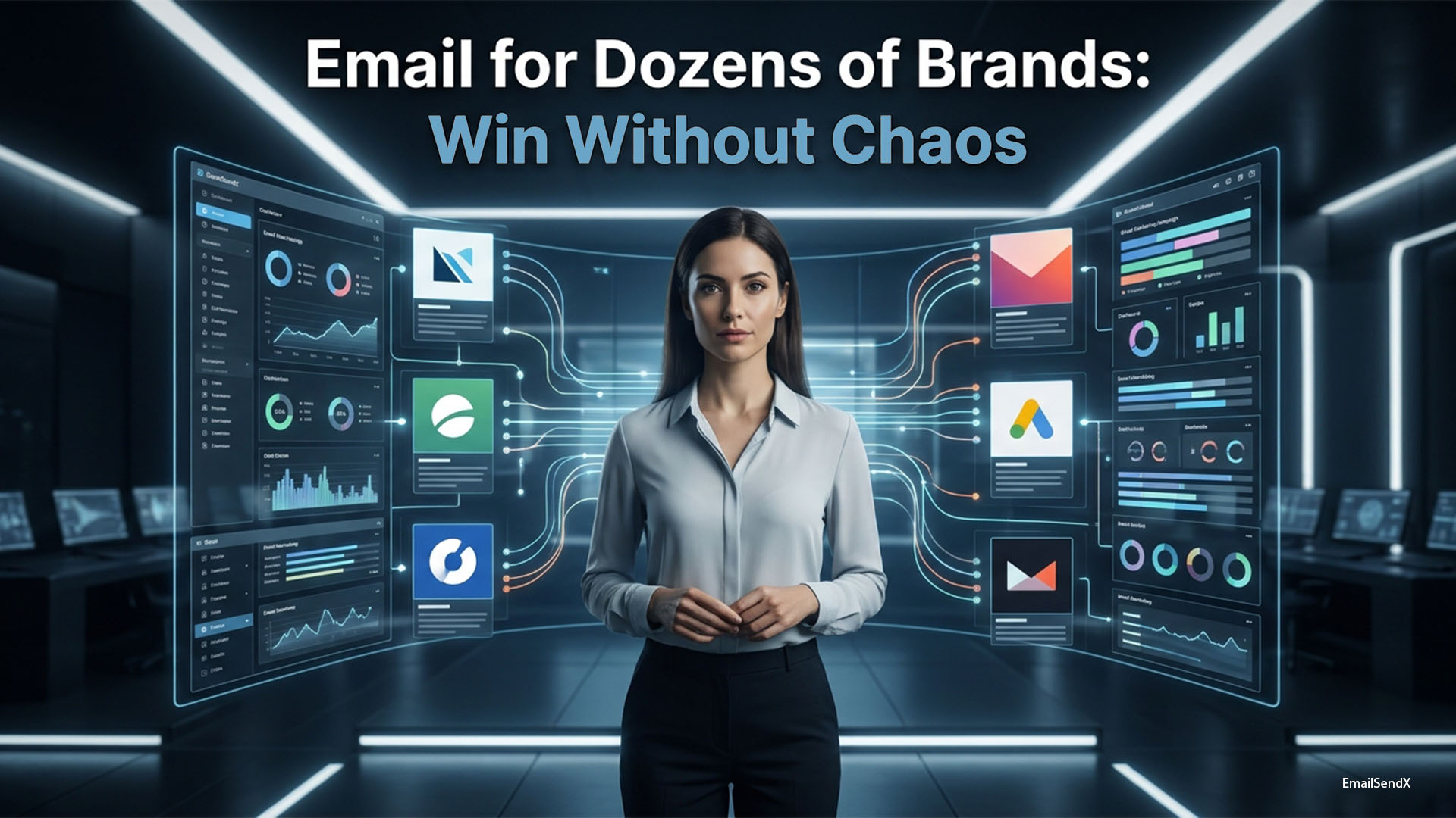 A woman stands in a futuristic control room, surrounded by large curved screens displaying email marketing dashboards, data, and brand logos | EmailSendX