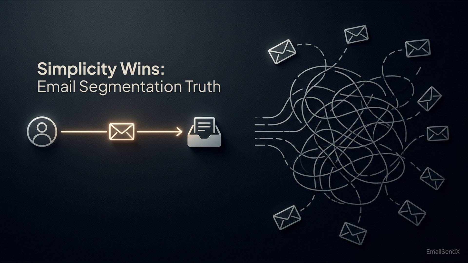 A 3D render showing a simple linear path from a user icon, to an email icon, to an inbox icon on the left, contrasting with a complex, tangled mess of lines connecting multiple email icons on the right, all against a dark background with text 'Simplicity Wins: Email Segmentation Truth' | EmailSendX