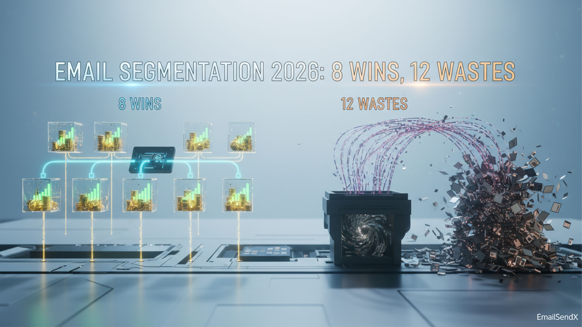 A visual representation of email segmentation, showing eight connected golden cubes representing 'wins' with coins, and a black box with tangled wires representing 'wastes' with scattered digital debris | EmailSendX
