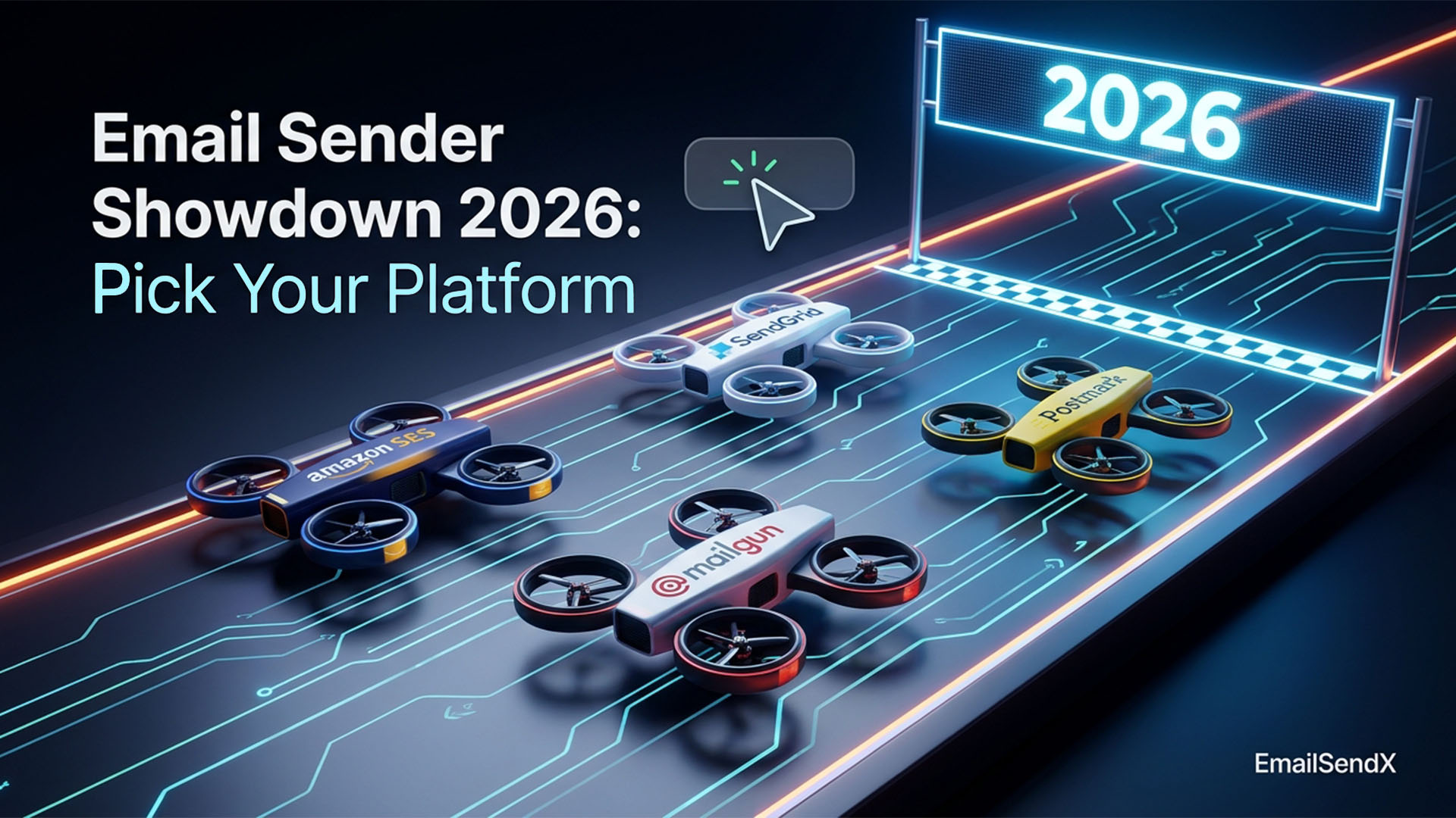 Four drones representing email platforms (Amazon SES, SendGrid, Mailgun, Postmark) on a futuristic race track with '2026' on a finish line banner | EmailSendX
