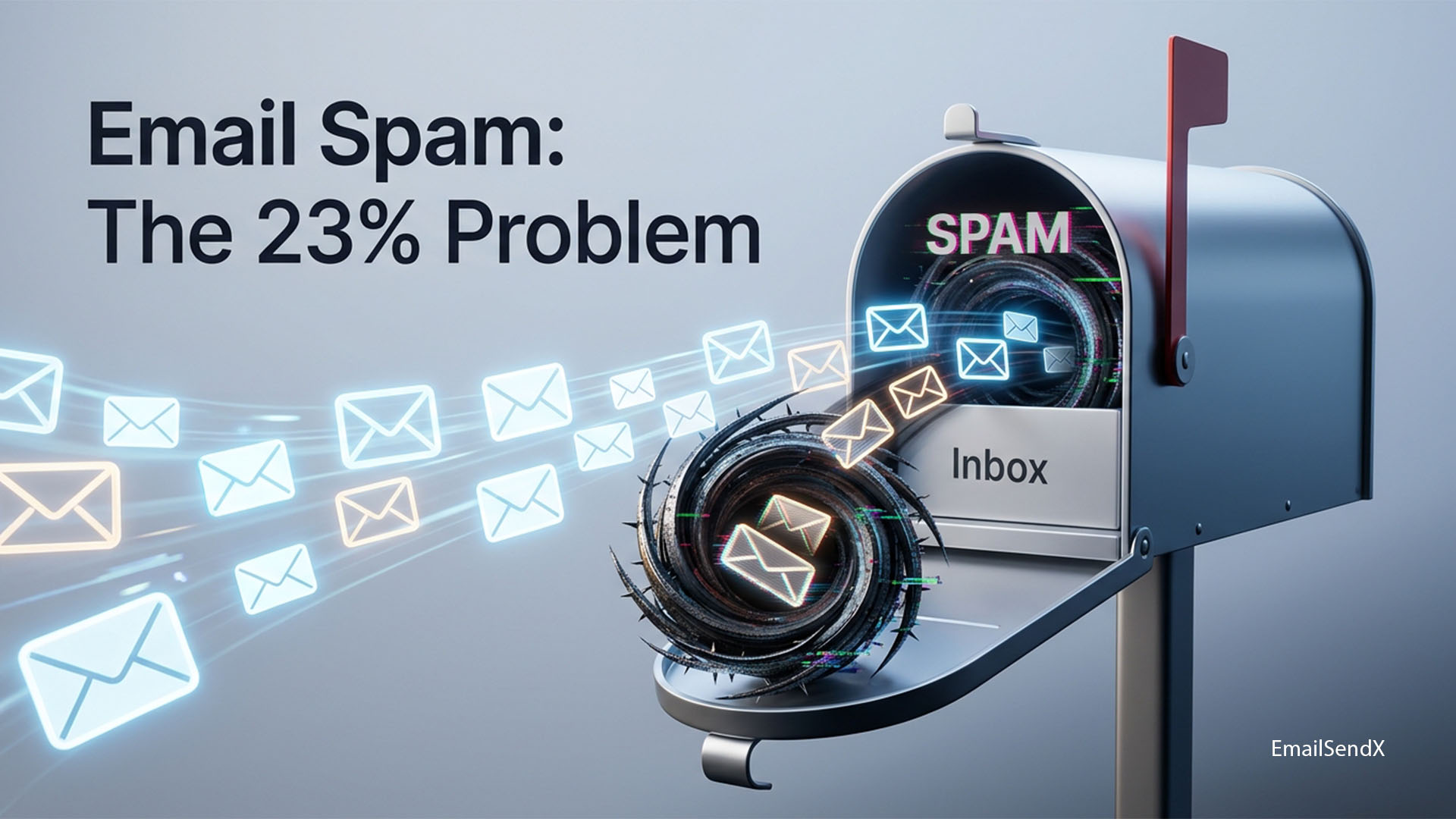 A 3D rendering of a metallic US-style mailbox with 'SPAM' visible inside, sucking email envelopes into a black vortex while other emails flow towards it. The text 'Email Spam: The 23% Problem' and 'EmailSendX' are also visible.