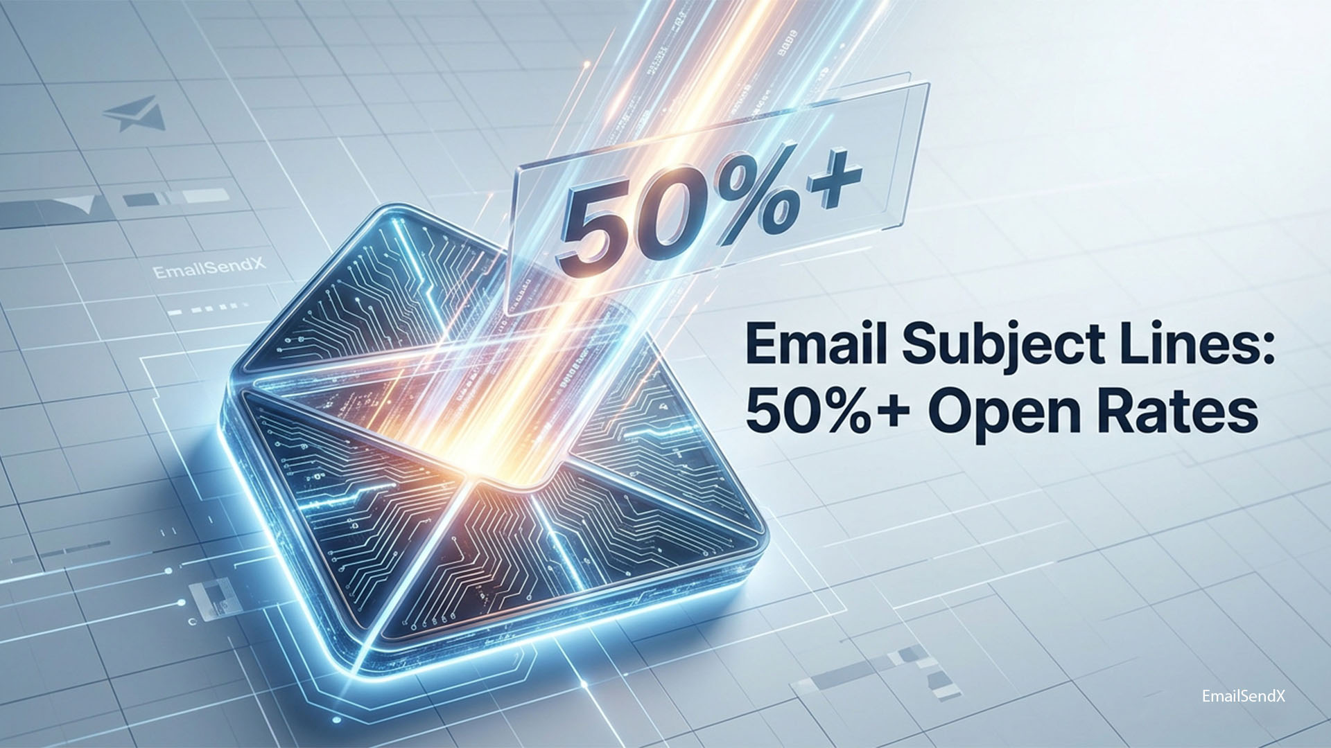 A futuristic glowing email envelope icon with circuit board patterns, emanating light upwards to a transparent screen displaying '50%+' and data streams | EmailSendX