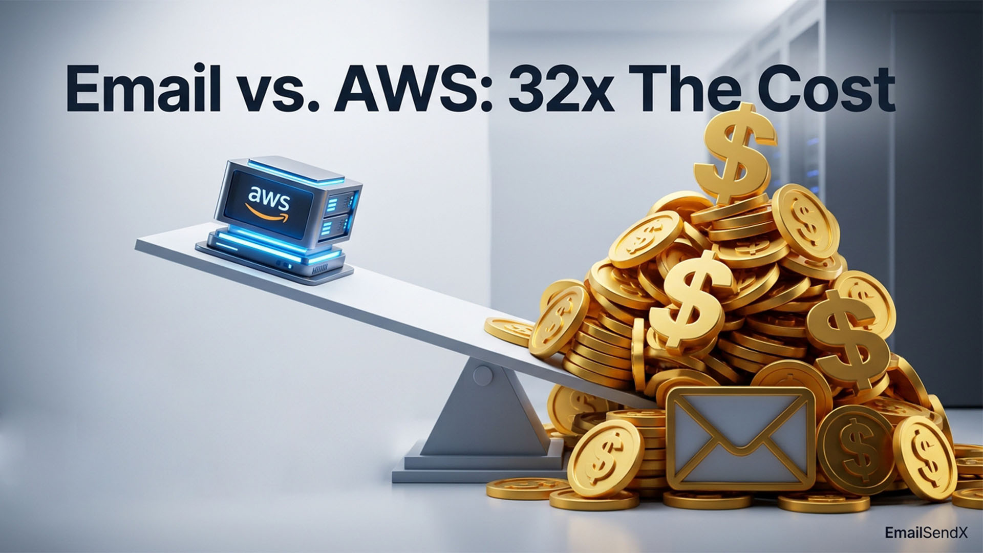 A seesaw balancing a small AWS server on one side and a large pile of gold coins with an email icon on the other. The background is a server room | EmailSendX