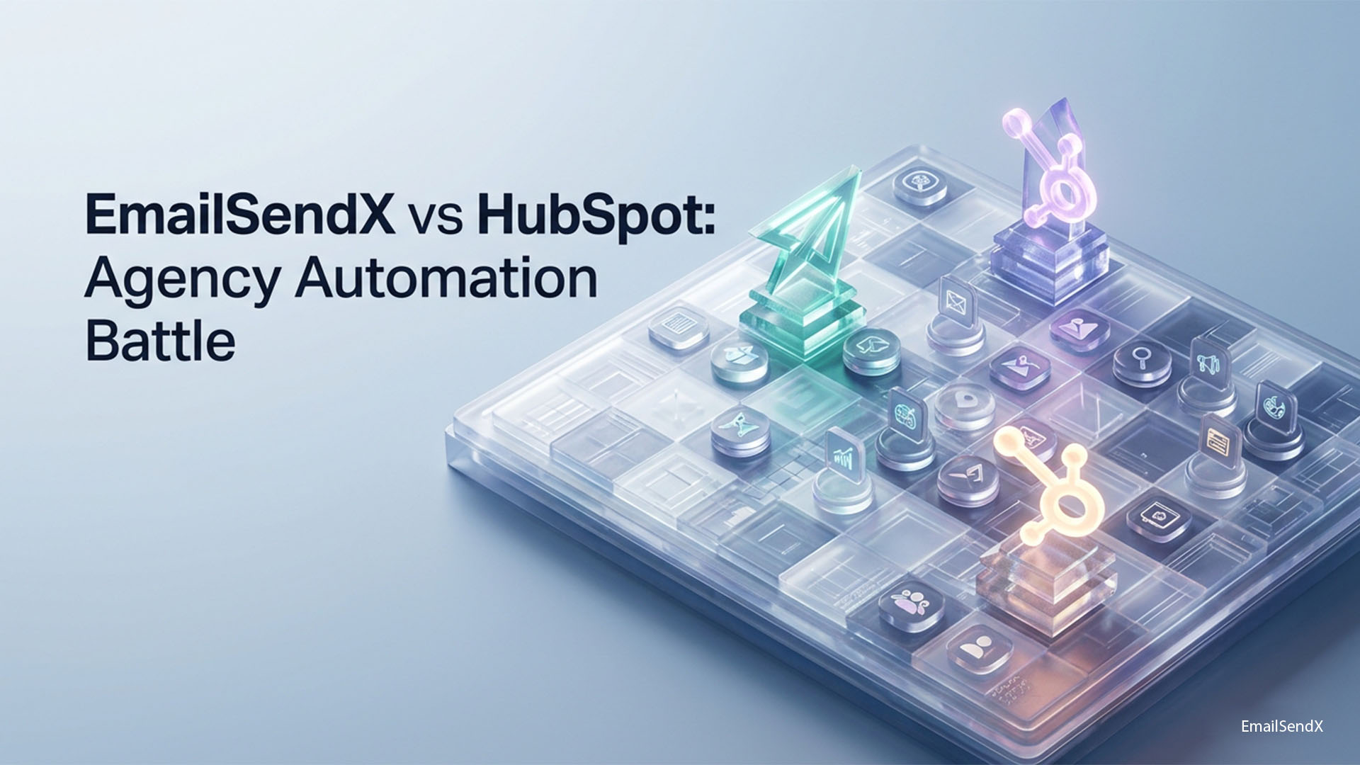 An overhead view of a translucent, glowing chessboard-like surface with various digital marketing icon-like pieces, some illuminated with green, purple, and yellow light | EmailSendX