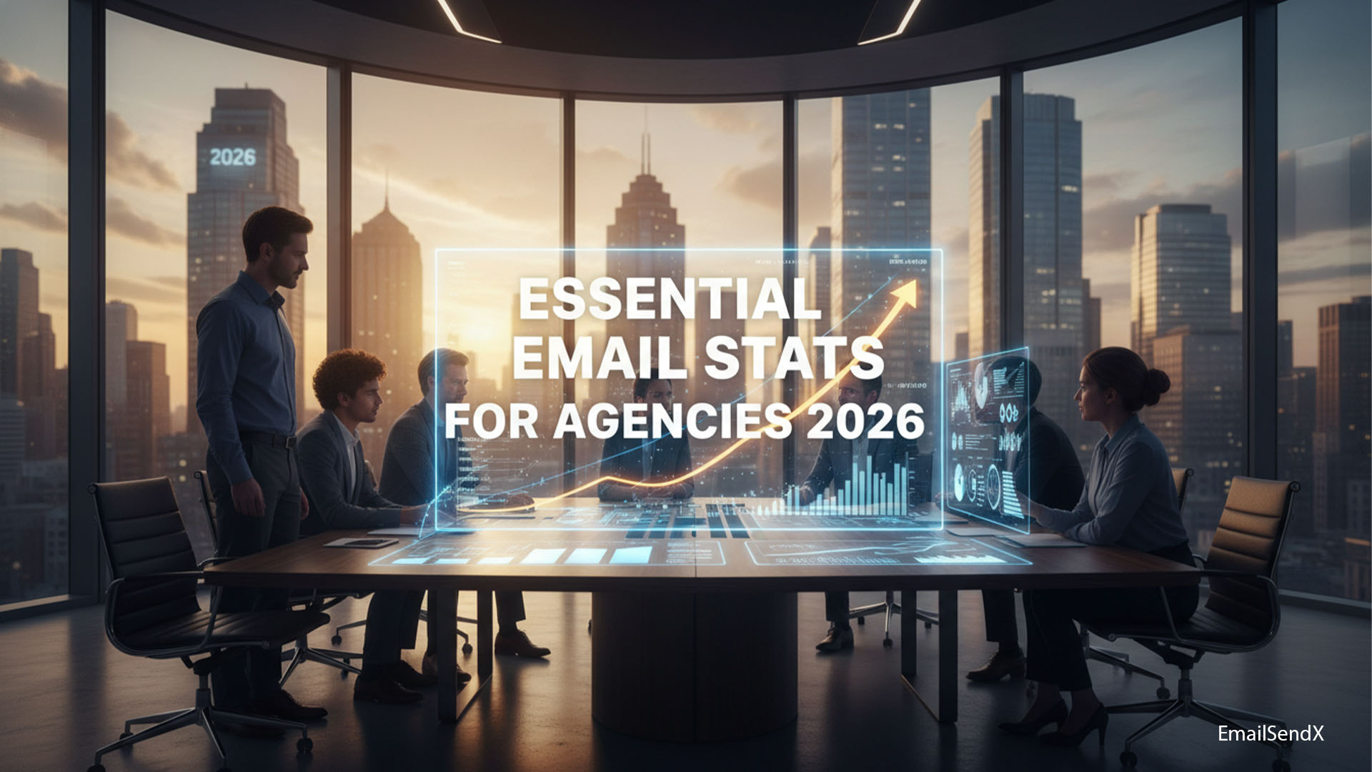 Several professionals in a modern conference room with floor-to-ceiling windows overlooking a city skyline at sunset. A large holographic display shows 'ESSENTIAL EMAIL STATS FOR AGENCIES 2026' with graphs and data | EmailSendX