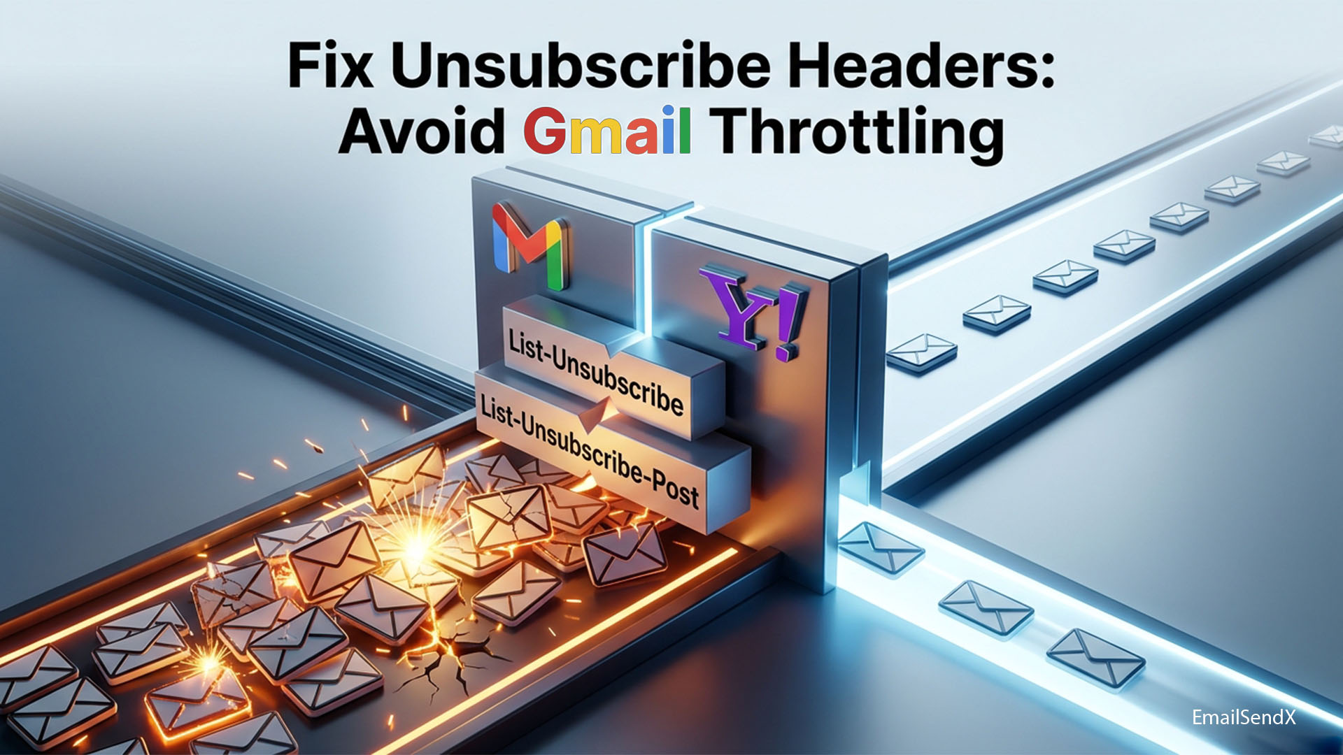 3D render showing emails flowing into a 'throttling' section with fire and cracks, then being diverted into 'List-Unsubscribe' and 'List-Unsubscribe-Post' headers with Gmail and Yahoo logos, leading to a smooth email flow | EmailSendX