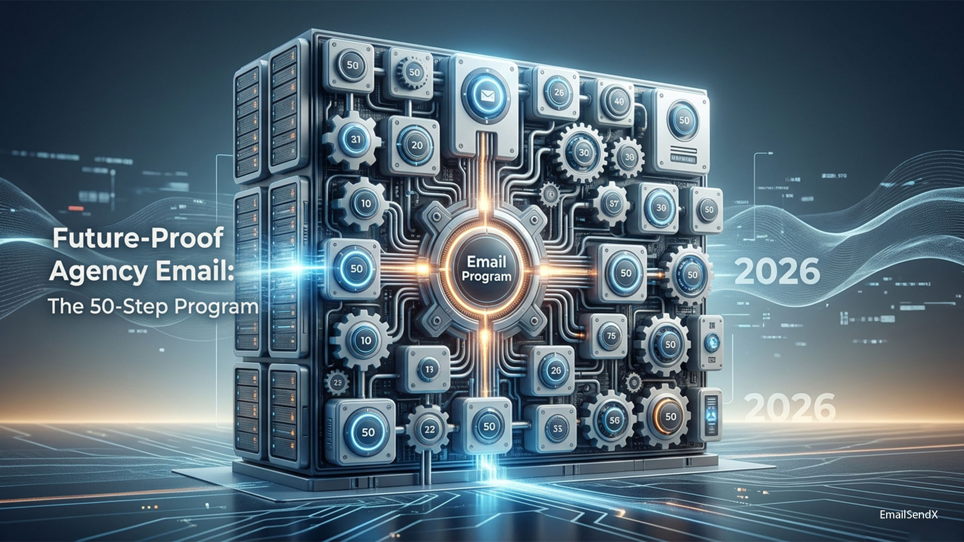 A 3D cubical structure made of interconnected metallic modules and gears, with 'Email Program' at its glowing center, against a futuristic digital background with '2026' visible | EmailSendX