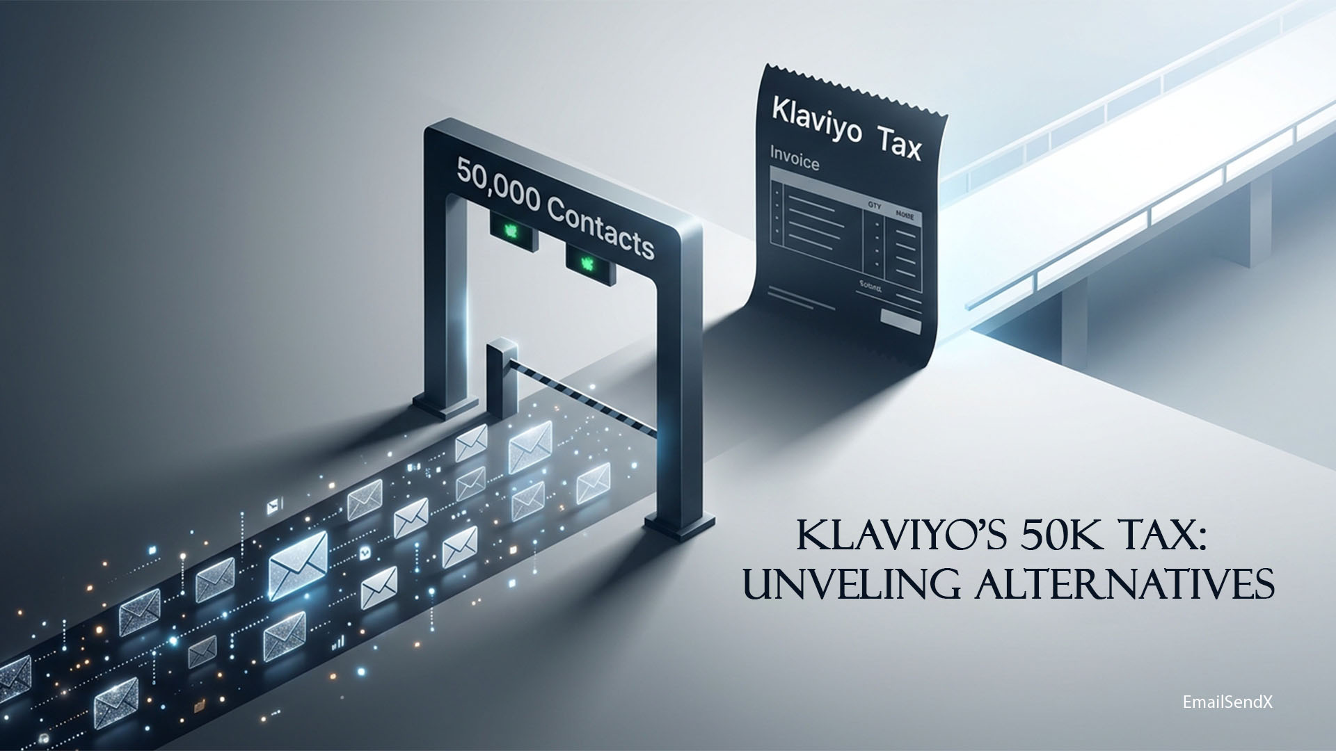 An overhead view of a digital toll booth labeled '50,000 Contacts' with a stream of email envelopes passing through, leading to a large invoice labeled 'Klaviyo Tax' | EmailSendX