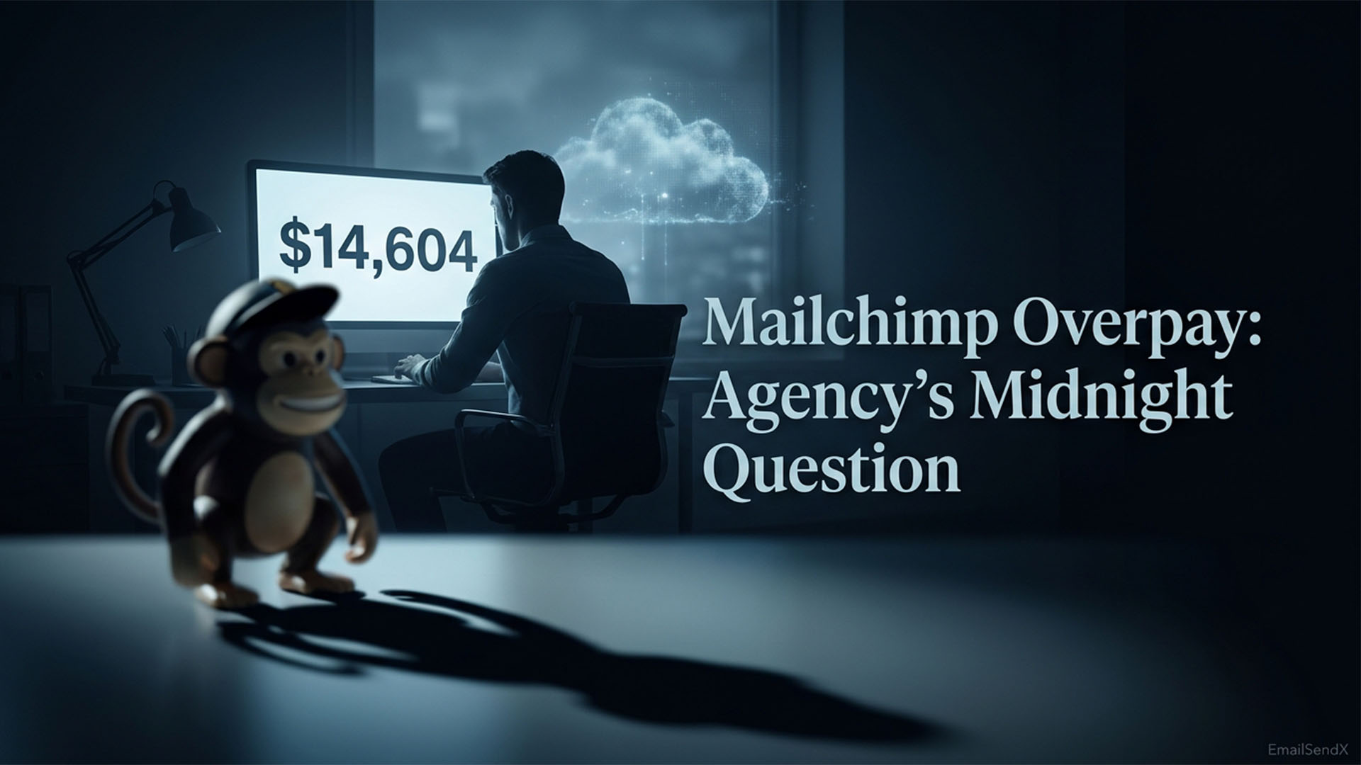 A man at a desk working on a computer displaying '$14,604' and a cloud icon, with a monkey figurine in the foreground | EmailSendX