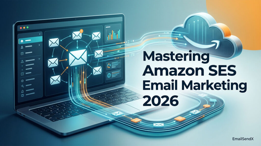 A laptop displaying an email network diagram connected to a 3D Amazon cloud icon, with 'Mastering Amazon SES Email Marketing 2026' text | EmailSendX