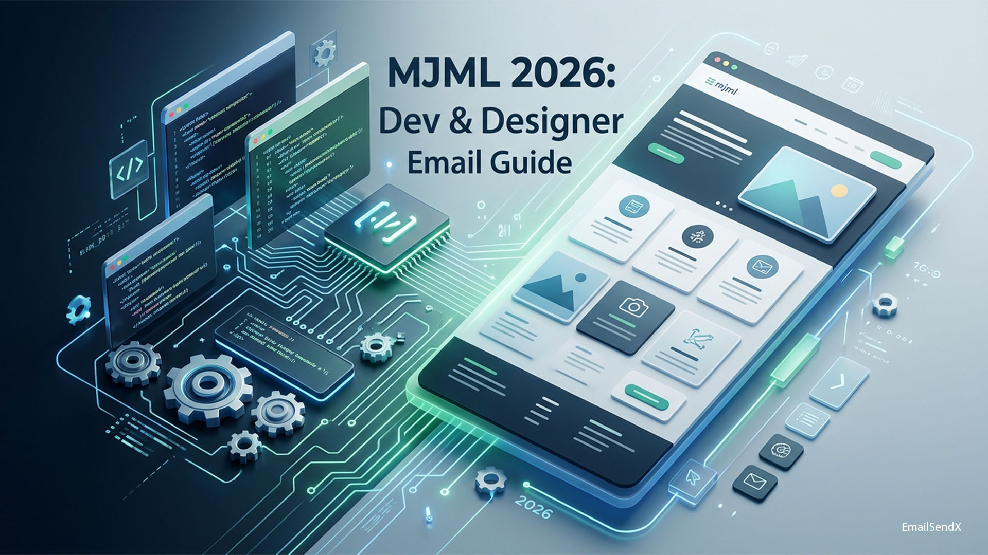 Digital illustration of an open laptop showing MJML code, surrounded by gears and circuits, with a smartphone displaying a responsive email template on a dark background with green and blue accents | EmailSendX