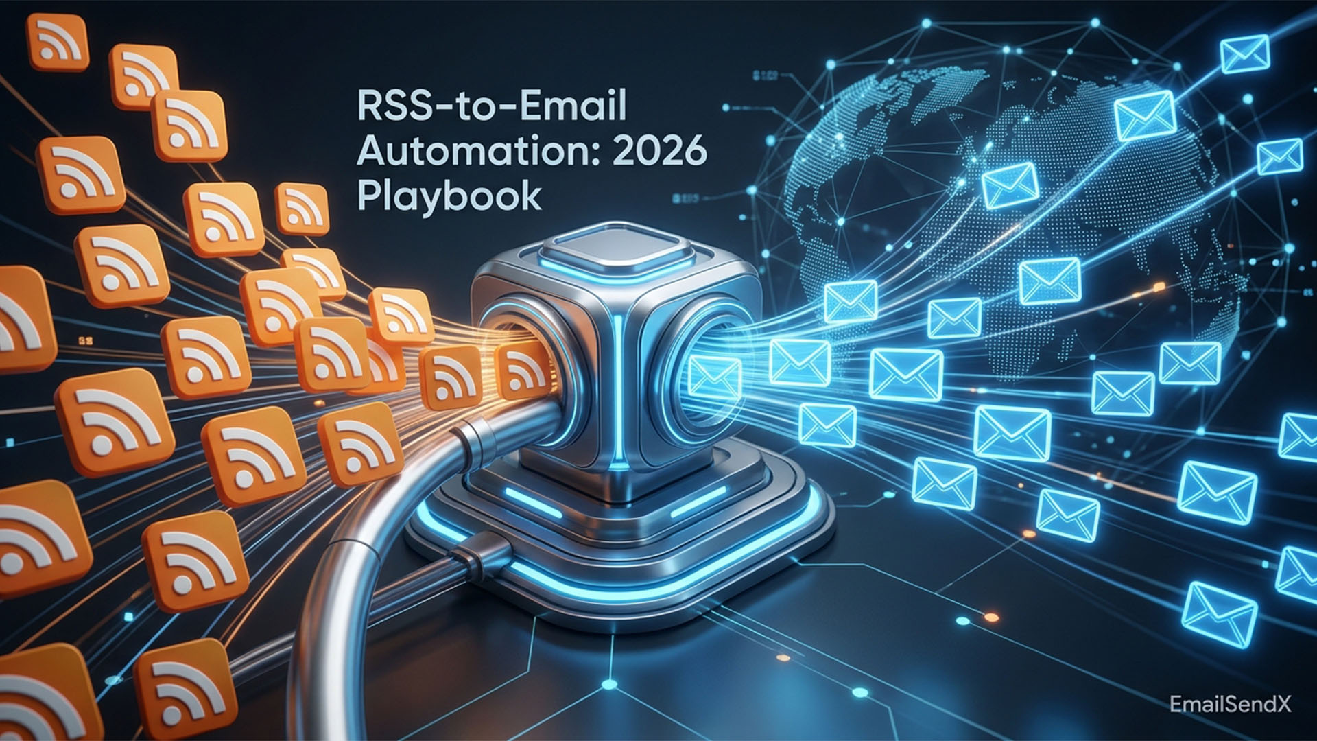 A futuristic metallic cube with glowing blue lights connecting RSS feed icons on the left to email envelope icons on the right, against a dark digital background with a glowing globe | EmailSendX