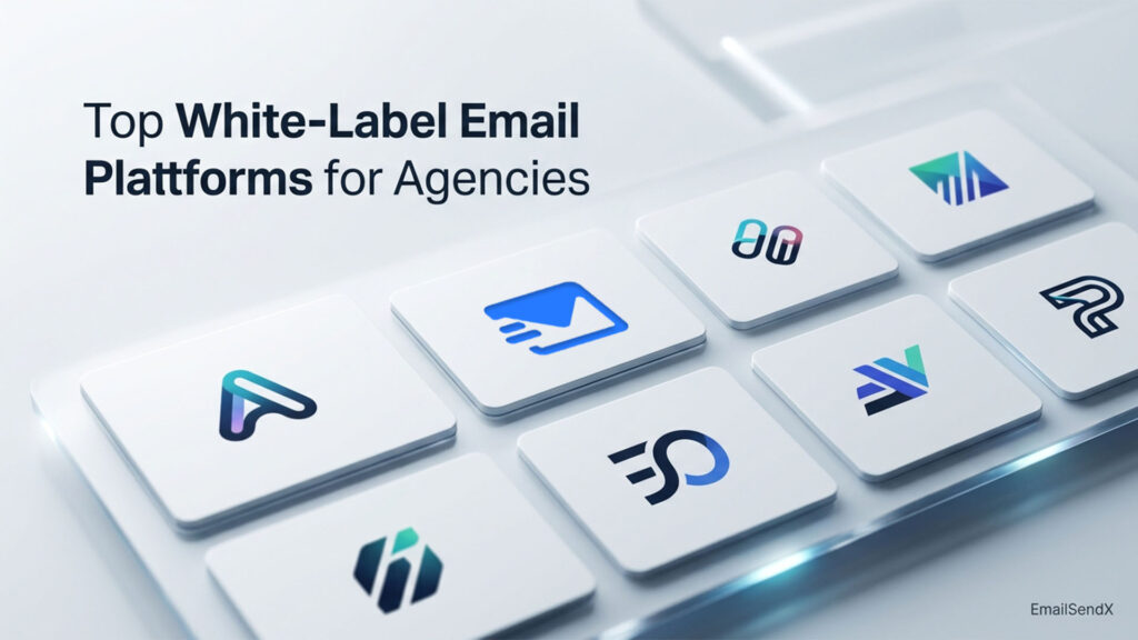 Close-up of a keyboard-like interface displaying various company logos on white keys, with the text 'Top White-Label Email Platforms for Agencies' and 'EmailSendX' visible.