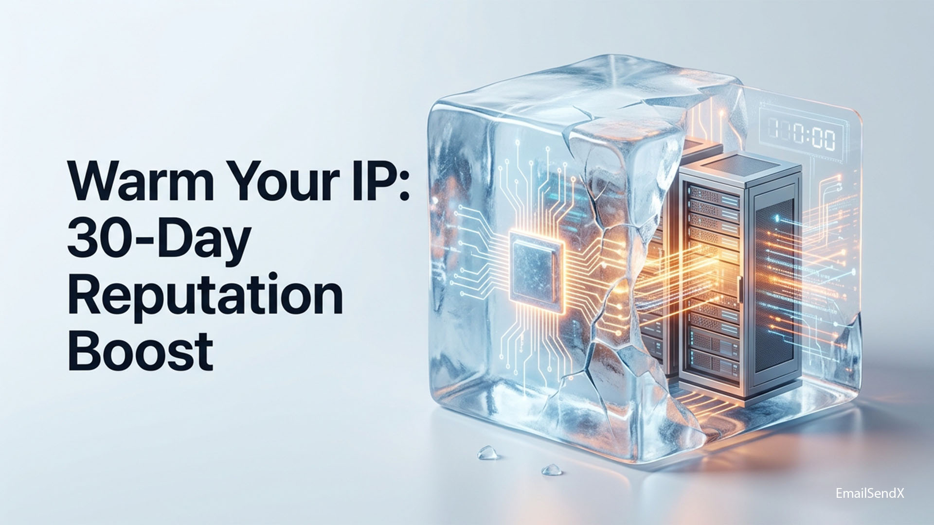 A server rack partially encased in a melting ice cube with a glowing circuit board design on its surface, set against a light background | EmailSendX