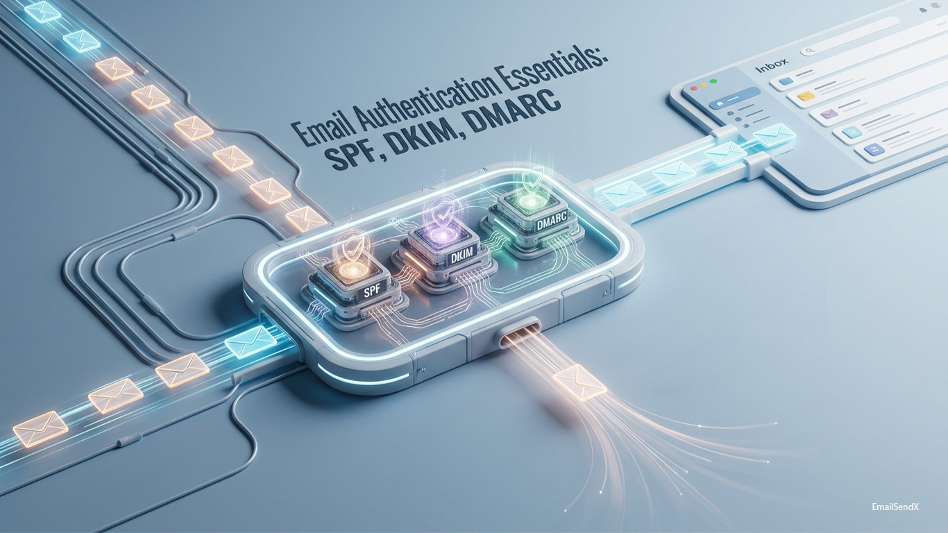 A 3D rendering of email messages flowing through a system with three glowing modules labeled SPF, DKIM, and DMARC, leading to an inbox on a tablet | EmailSendX