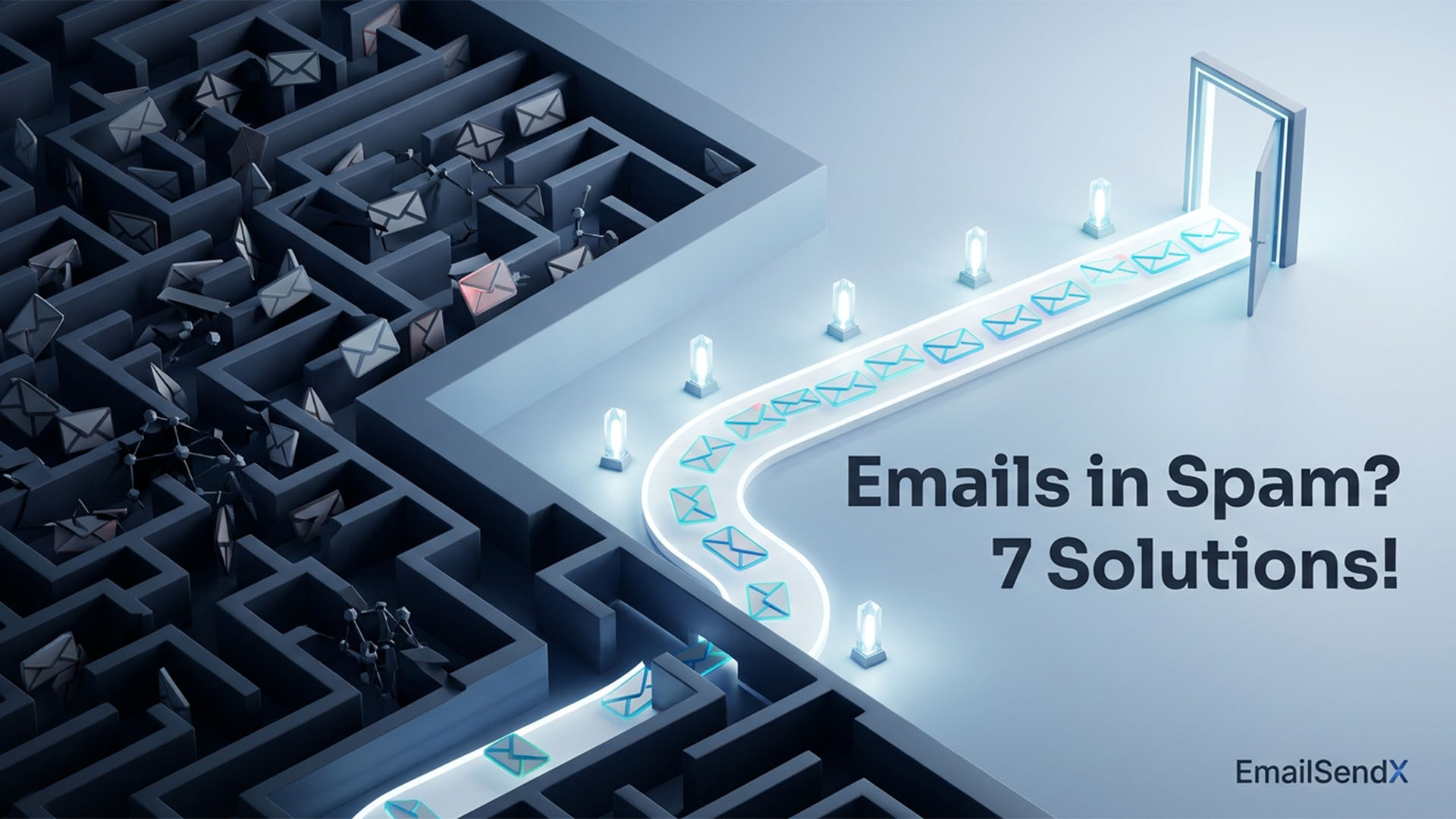 A 3D rendering of a dark maze filled with scattered email envelopes, with a glowing path of organized envelopes leading out to an open door | EmailSendX
