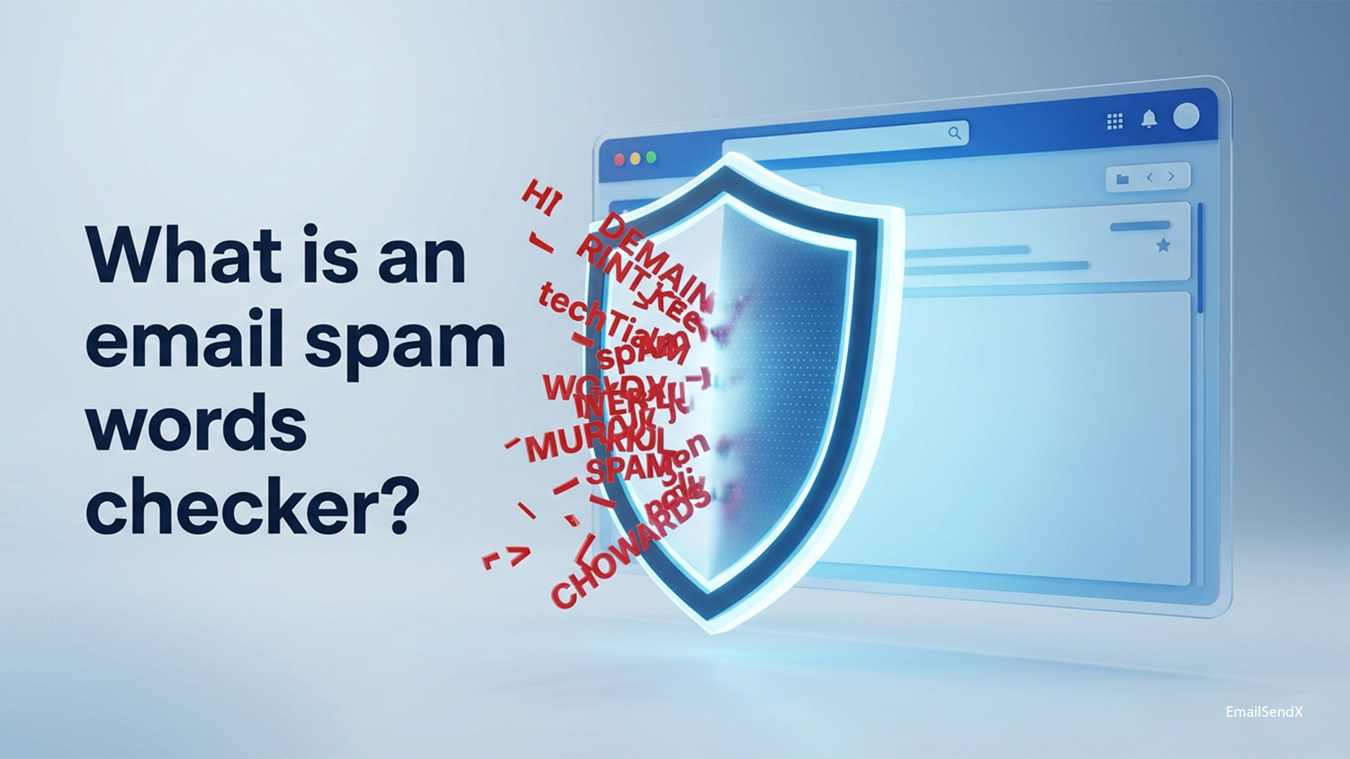 A digital illustration showing a shield protecting an email inbox interface, with various 'spam' words being blocked and deflected by the shield | EmailSendX