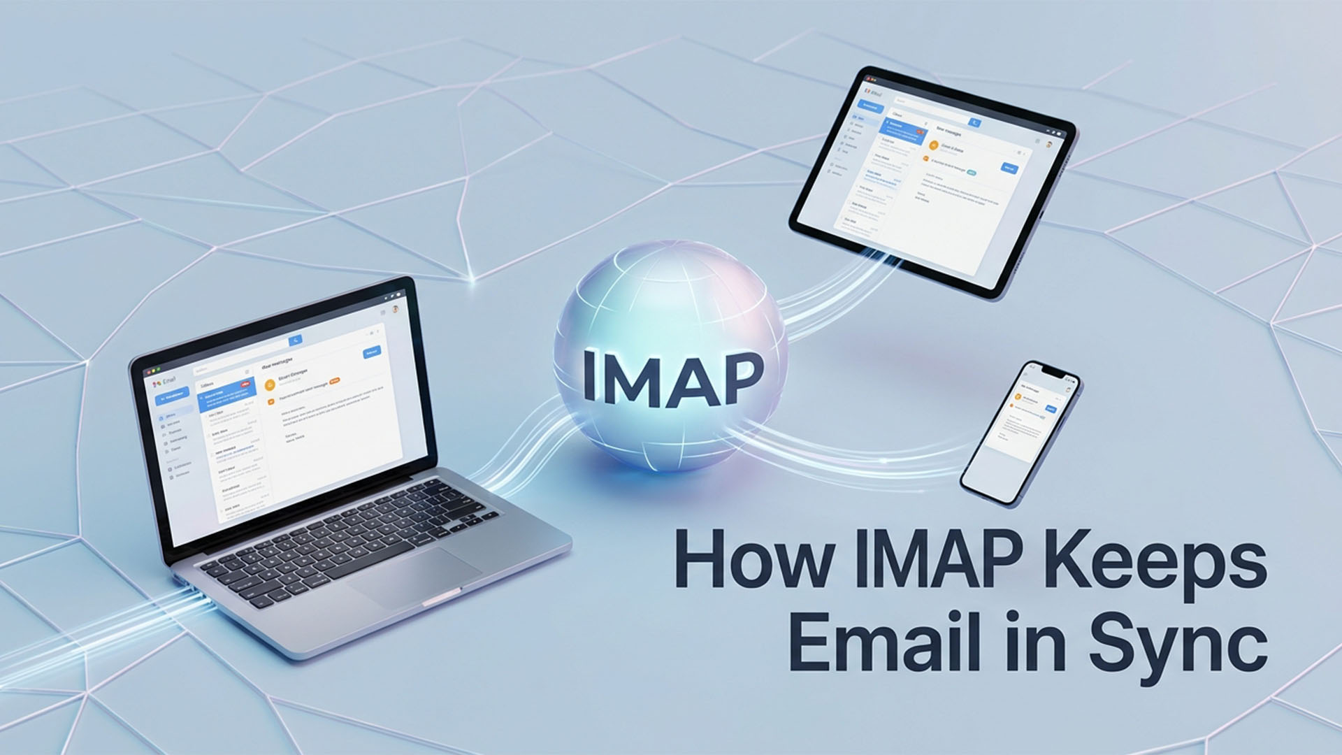 An overhead shot showing a laptop, a tablet, and a smartphone, all displaying email interfaces, connected by lines to a central globe labeled 'IMAP' | EmailSendX
