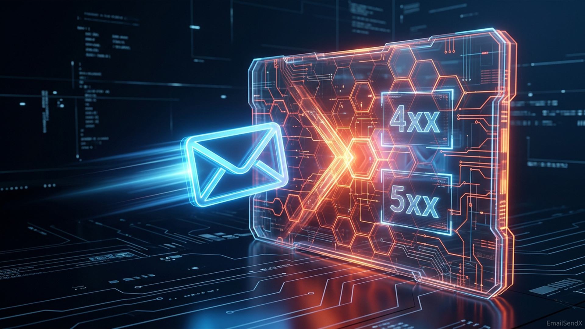 A glowing blue email icon with light trails moving towards an orange and blue hexagonal grid display showing '4XX' and '5XX' error codes, all on a dark digital circuit board background | EmailSendX