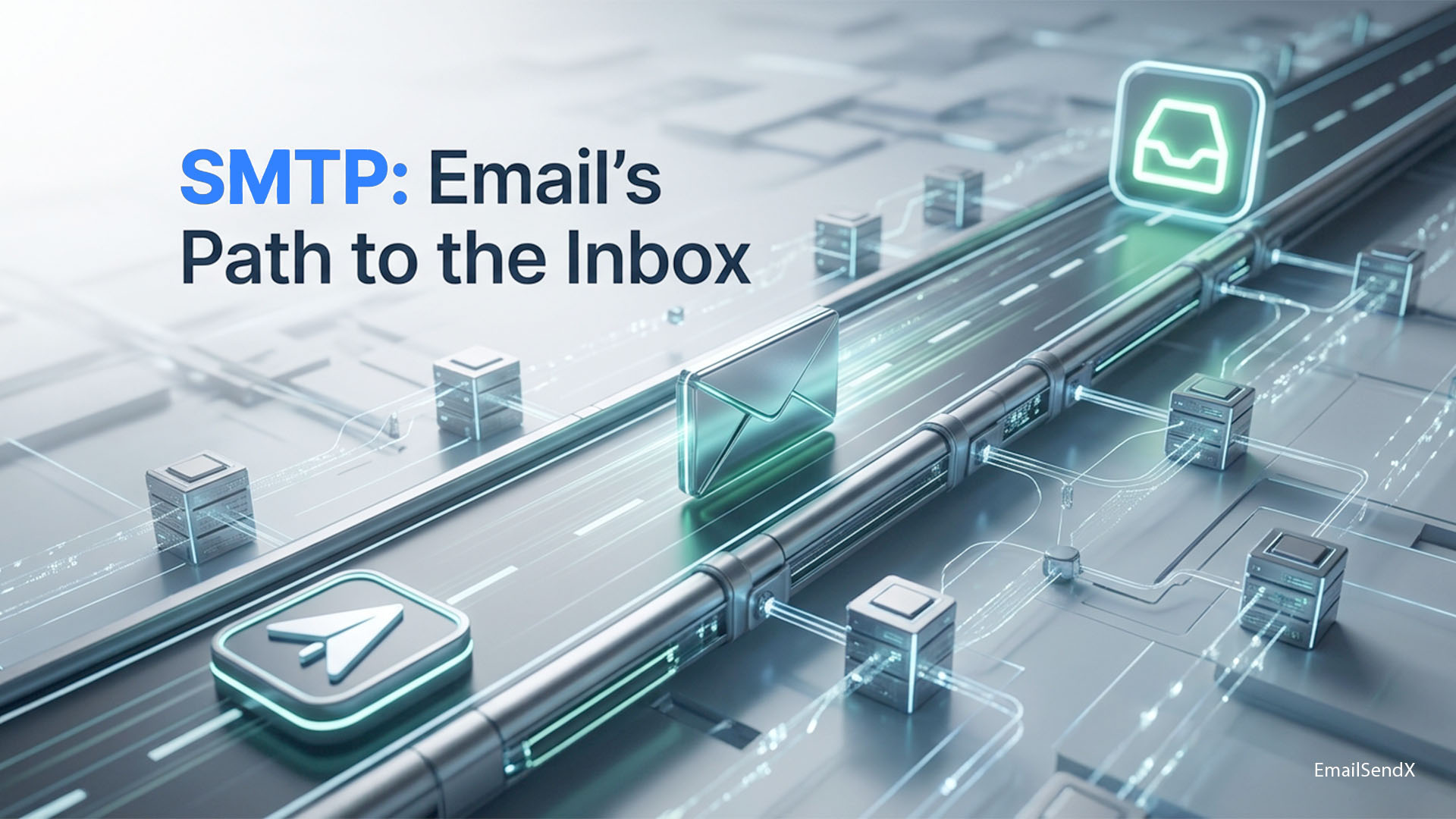A futuristic digital pipeline illustrating the journey of an email with an open envelope icon in the center and other email-related icons | EmailSendX